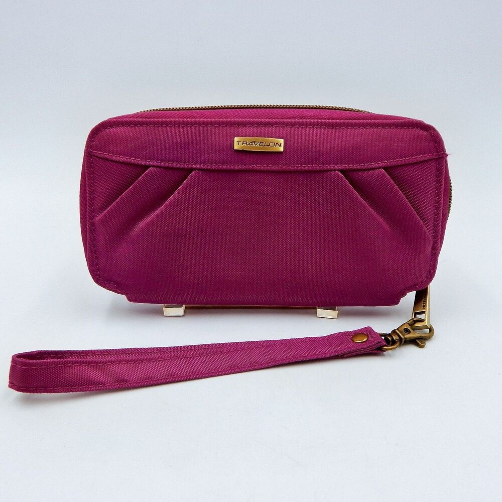 Travelon Zip Around Wristlet Wallet Pleated Fushia Pink Detachable Strap Bi-Fold